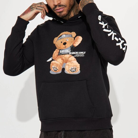 Members Only Bad Vibes Brown Bear Graphic Black Hoodie NWT - Picture 1 of 4